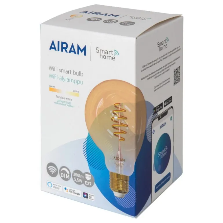 Airam SmartHome WiFi LED-lampa G95, E27 5,5 W 350 lm 1800–3000 K, bärn