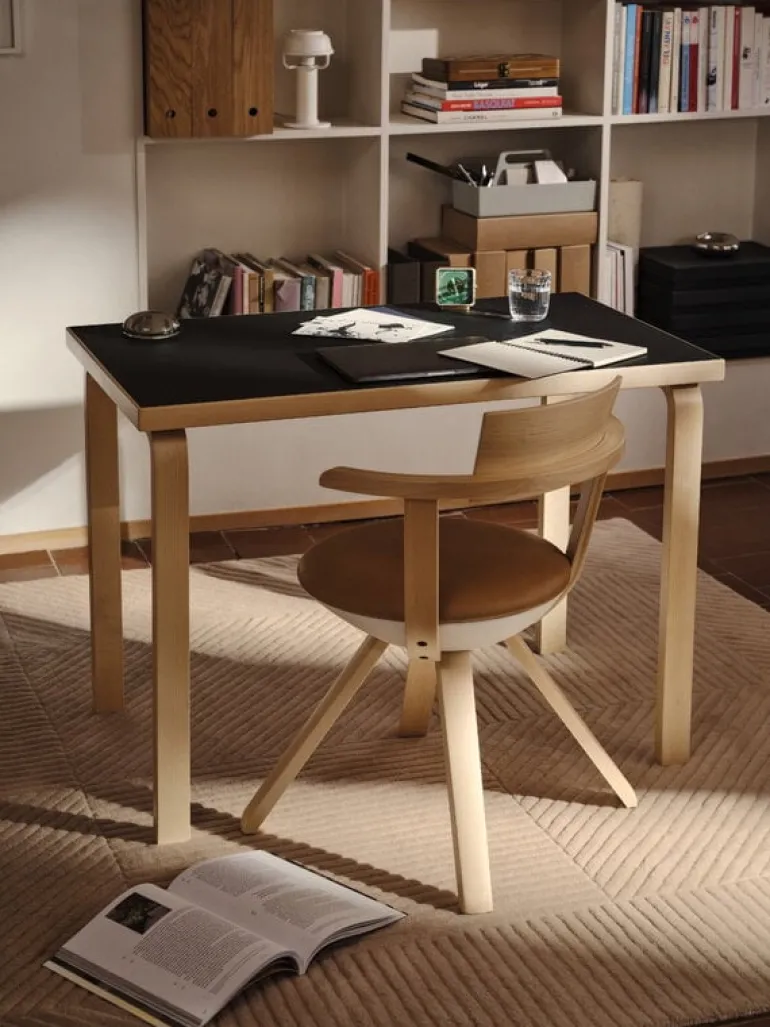 Artek Aalto bord 80B, 60 x 100 cm, björk - svart linoleum